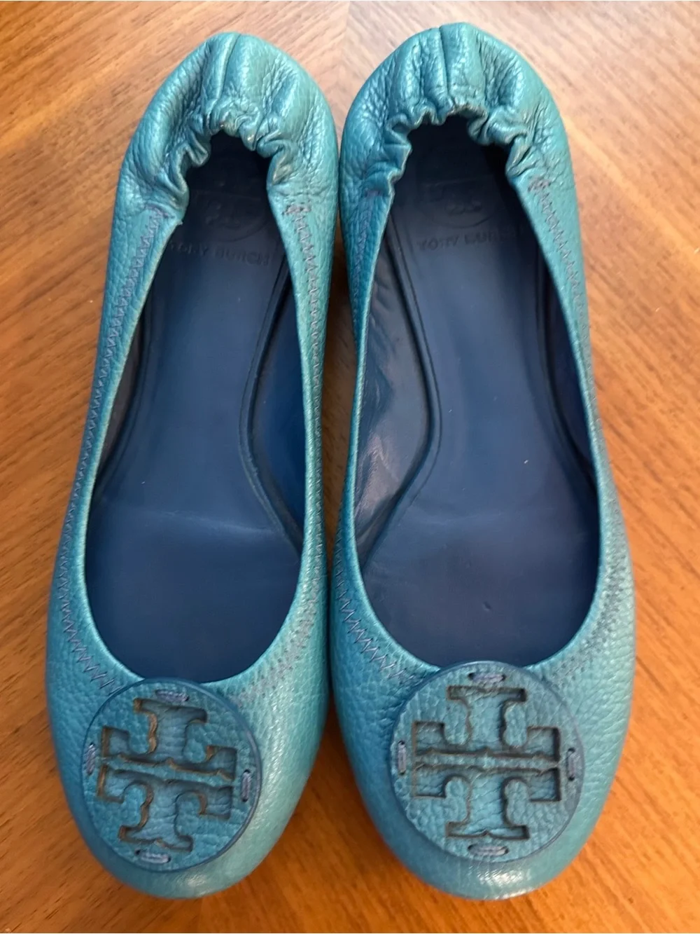 Tory Burch Teal Leather Logo Ballet Flats with Double-T Logo 8